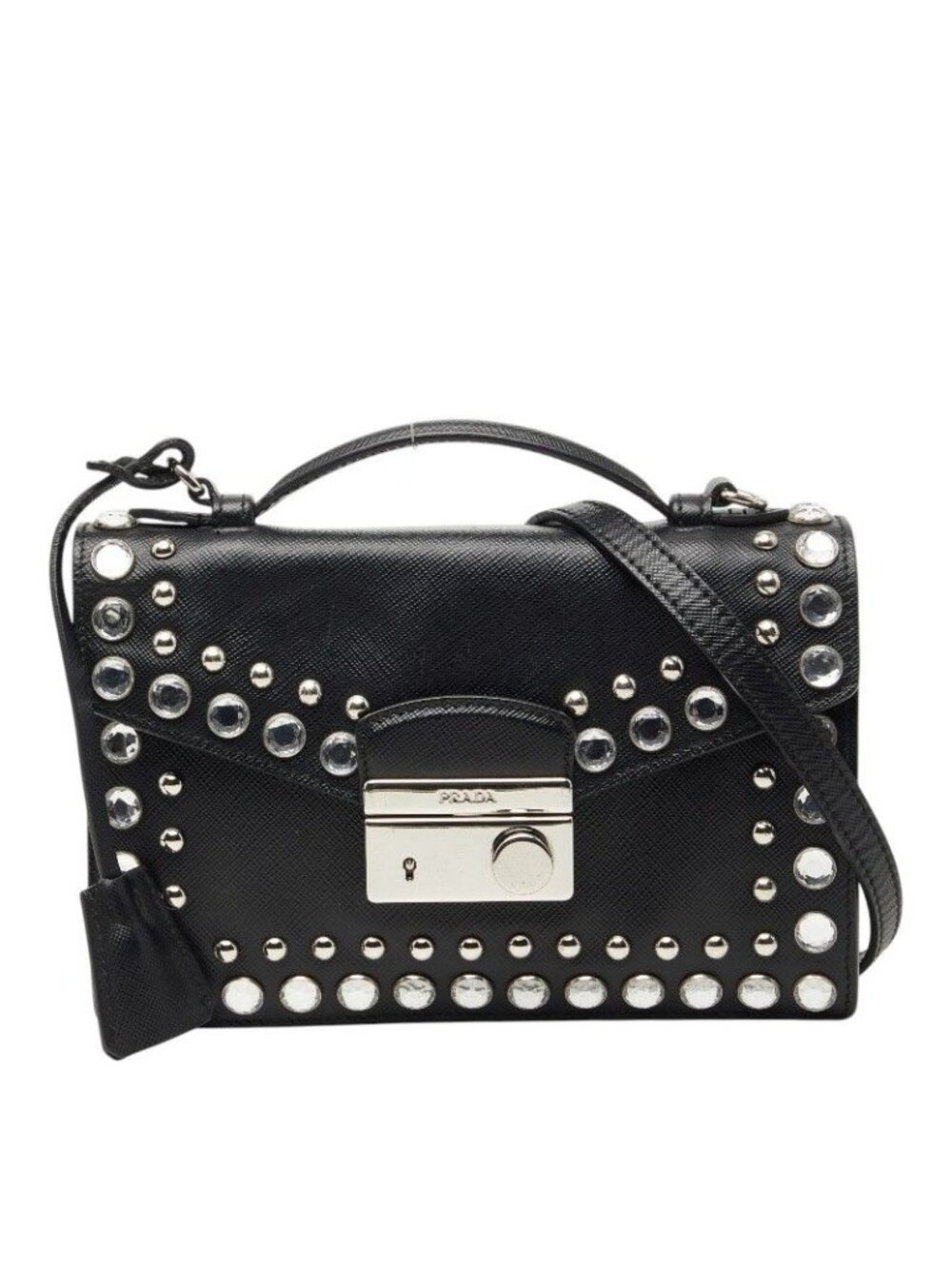 Prada Studded 2-Way Shoulder Bag Black Saffiano Leather Visual - Picture 1 of 9